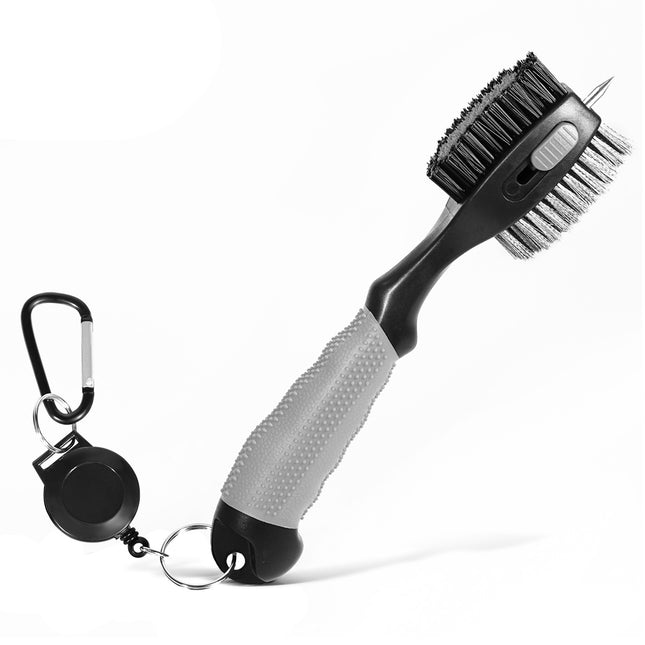 Grey Premium Golf Club Cleaning Brush Extra Large Head Dual Bristles Retractable Zip Line & Groove Cleaner