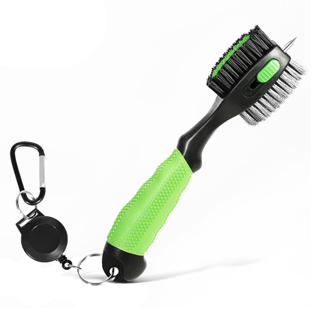 Green Premium Golf Club Cleaning Brush Extra Large Head Dual Bristles Retractable Zip Line & Groove Cleaner
