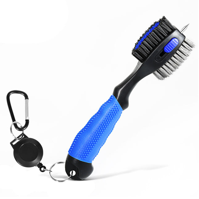 Blue Premium Golf Club Cleaning Brush Extra Large Head Dual Bristles Retractable Zip Line & Groove Cleaner