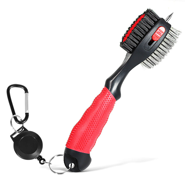 Red Premium Golf Club Cleaning Brush Extra Large Head Dual Bristles Retractable Zip Line & Groove Cleaner