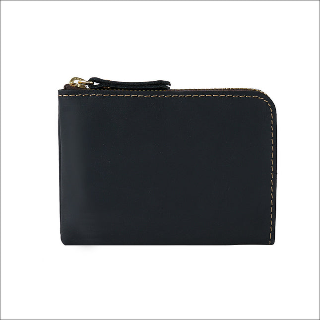 Black Handmade Crazy Horse Leather Wallet Minimalist L-Zip Card Holder Top Layer Cowhide Short Purse with