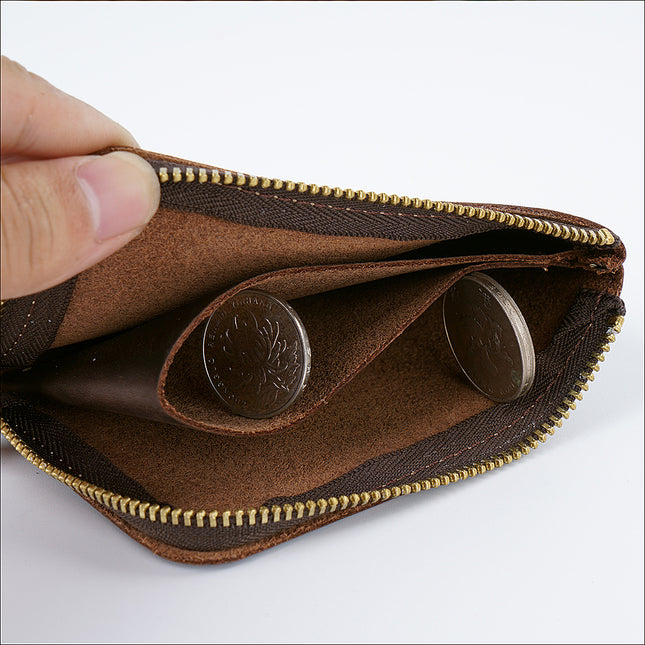 Black Handmade Crazy Horse Leather Wallet Minimalist L-Zip Card Holder Top Layer Cowhide Short Purse with – product detail