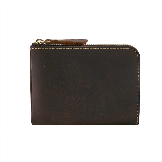 Coffee Handmade Crazy Horse Leather Wallet Minimalist L-Zip Card Holder Top Layer Cowhide Short Purse with