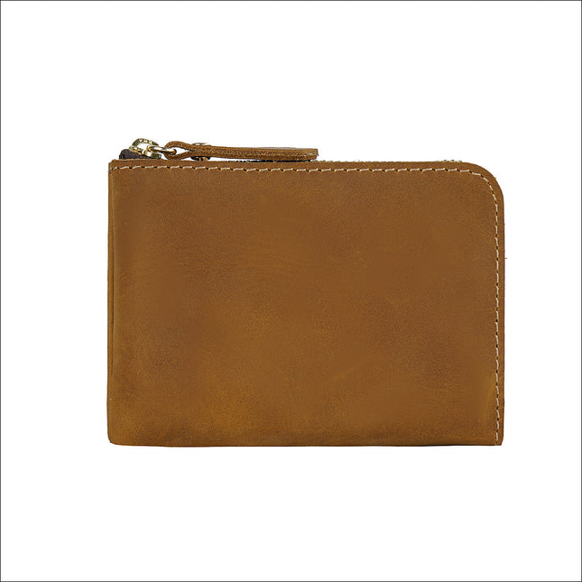 Yellow-brown Handmade Crazy Horse Leather Wallet Minimalist L-Zip Card Holder Top Layer Cowhide Short Purse