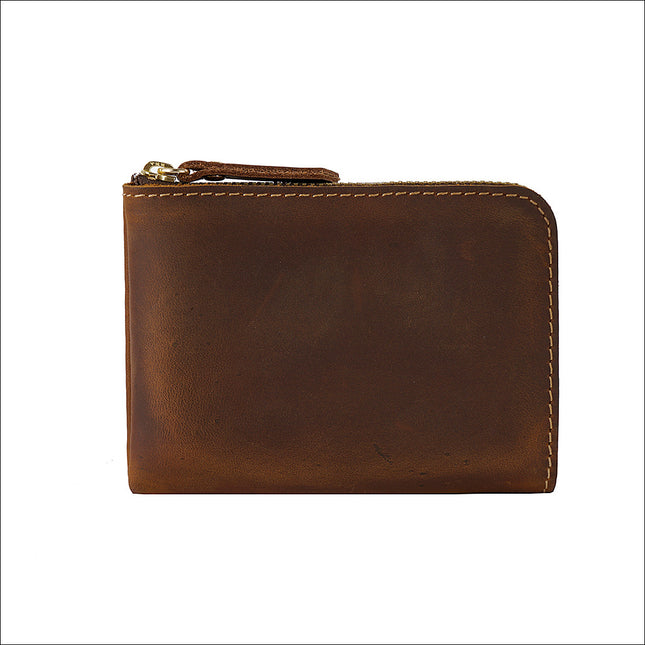 Dark-brown Handmade Crazy Horse Leather Wallet Minimalist L-Zip Card Holder Top Layer Cowhide Short Purse