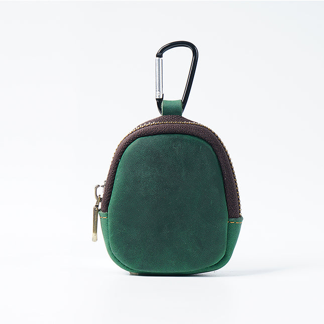 Green Genuine Crazy Horse Leather Mini Coin Purse Zipper Shell Pouch Small Earphone Case Key Holder with