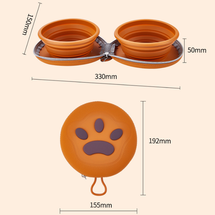 Light Yellow Portable Collapsible Double Pet Bowls for Dogs and Cats - 2x 450ml Food Grade Silicone Travel Feeder with Zippered Paw Carrying Case - Lightweight Outdoor Water and Food Bowl Set