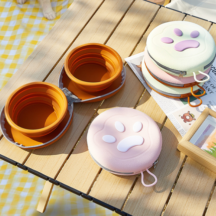 Brown-pink Portable Collapsible Double Pet Bowls for Dogs and Cats - 2x 450ml Food Grade Silicone Travel Feeder with Zippered Paw Carrying Case - Lightweight Outdoor Water and Food Bowl Set