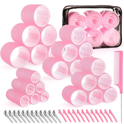 Pink 50-Piece Professional Hair Roller Set - Multi-Size Self-Grip Velcro Rollers with Clips and Tail Comb - Complete Heatless Styling Kit for Voluminous Curls and Air Bangs