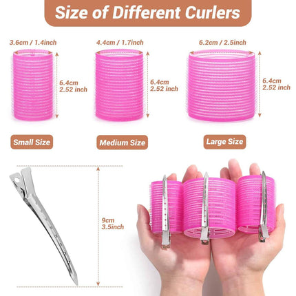 Pink 50-Piece Professional Hair Roller Set - Multi-Size Self-Grip Velcro Rollers with Clips and Tail Comb - Complete Heatless Styling Kit for Voluminous Curls and Air Bangs