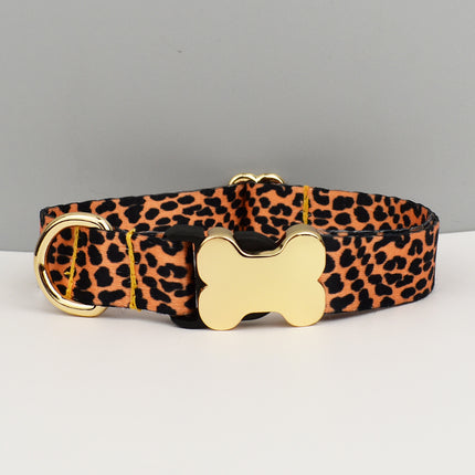M Leopard Print Patterned Dog Collar with Gold Metal Bone Buckle Adjustable Tribal & Leopard Print Neck Strap for Puppies & Dogs