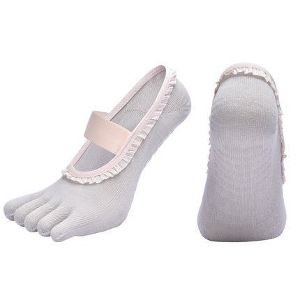 Grey 2pcs Women's 5-Finger Ballet Style Yoga Socks - Non-Slip Grip Pilates & Dance Socks with Elegant Lace Trim and Elastic Cross Strap