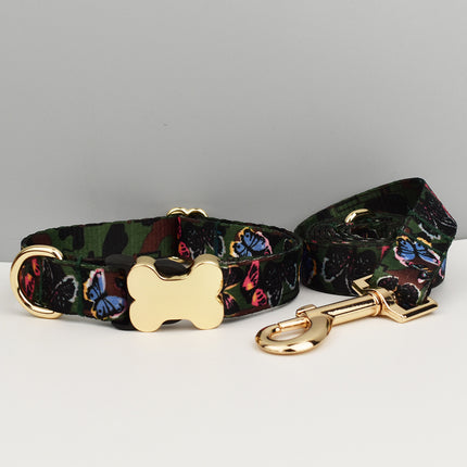 XL Butterfly Boho Patterned Dog Collar with Gold Metal Bone Buckle Adjustable Tribal & Leopard Print Neck Strap for Puppies & Dogs