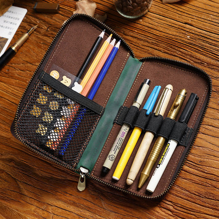 Wine Red Genuine Crazy Horse Leather Fountain Pen Case Zippered Organiser Pouch with 5 Elastic Loops & Mesh Pocket Vintage Stationery Holder