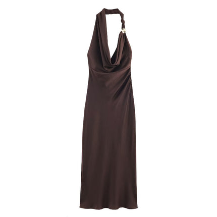 M Elegant Halter Neck Satin Midi Dress - Sexy Asymmetric Draped Evening Gown with Metal Hardware Accent for Women