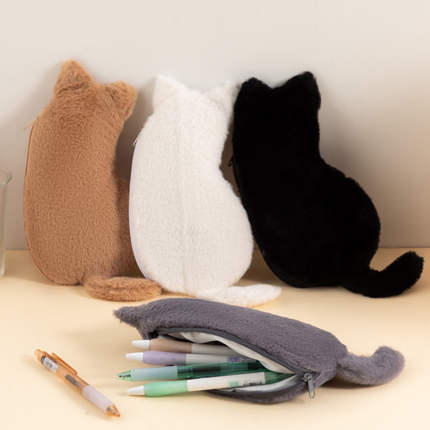 Black 3-Pack Adorable Plush Cat Pencil Case Set - Large Capacity Kawaii Kitty Shape Stationery Pouch for School, Office and Students