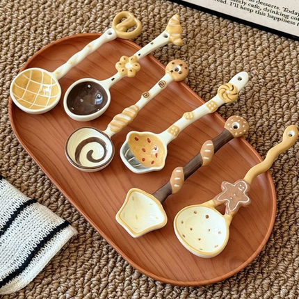 Toast Scoop Creative Hand-Painted Ceramic Spoon - Cute Cartoon Bakery Series Long Handle Soup Spoon - High-Quality Underglaze Tableware for Desserts and Coffee