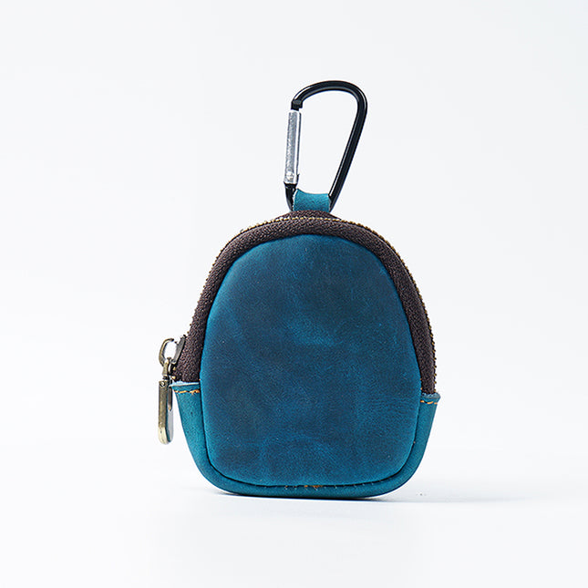 Blue Genuine Crazy Horse Leather Mini Coin Purse Zipper Shell Pouch