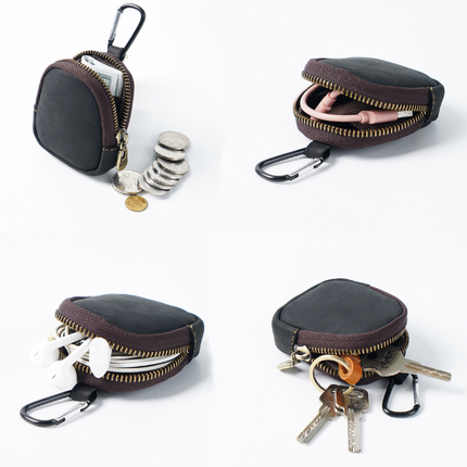 Blue Genuine Crazy Horse Leather Mini Coin Purse Zipper Shell Pouch Small Earphone Case Key Holder with Carabiner Clip 8.5cm for Travel