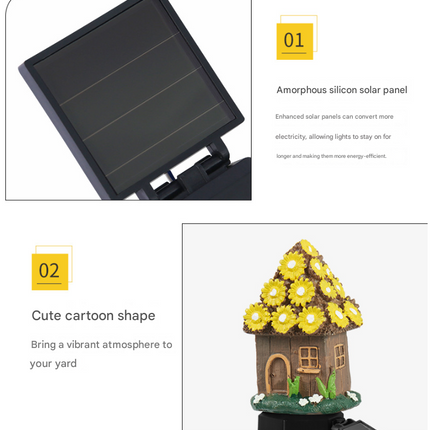 Yellow House Solar Powered Mushroom House Garden Stake Lights - Outdoor Waterproof Resin Landscape Decorative Lamps with Warm LED Glow for Patio, Lawn, and Yard