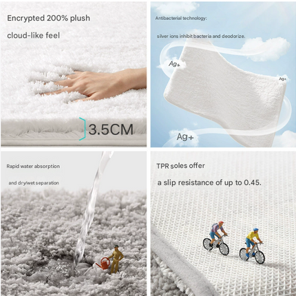 White 50*80cm Luxury 3.5cm Shag Bath Mat | Silver Ion Antibacterial Technology | Quick Dry Non-Slip TPR Bathroom Rug