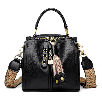 Black Vintage Look PU Leather Box Bag | Stylish Top Handle Crossbody Tote | Multi-Carry Bucket Bag with Wide Strap