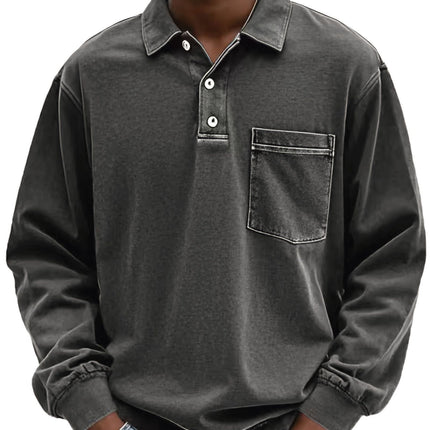 S Black Men's Premium Long Sleeve Polo Shirt | Vintage Washed Relaxed Fit | Casual Loose Buttoned Lapel Top