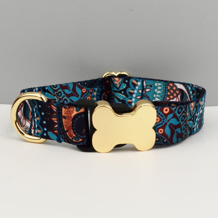 XL Blue Print Boho Patterned Dog Collar with Gold Metal Bone Buckle Adjustable Tribal & Leopard Print Neck Strap for Puppies & Dogs