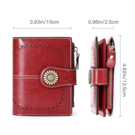 Red Women's Short Leather Wallet - European Style Waxed Leather Coin Purse with Zipper Card Holder in Red