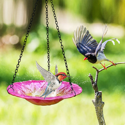 Red Decorative Hanging Glass Flower Bird Bath - 8.1 Inch Vibrant Outdoor Garden Accent