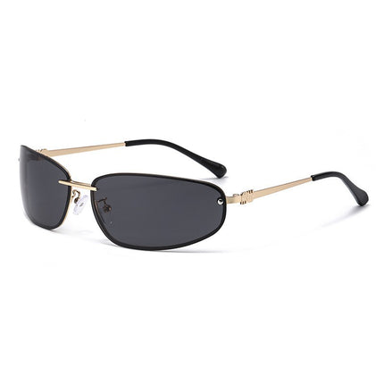 Gold-rimmed Black-and-grey Lenses 2PCS Retro Y2K Rimless Oval Sunglasses for Women | Fashion Metal Frame Old Money Aesthetic | Sweet Cool Spice Girl Sunnies