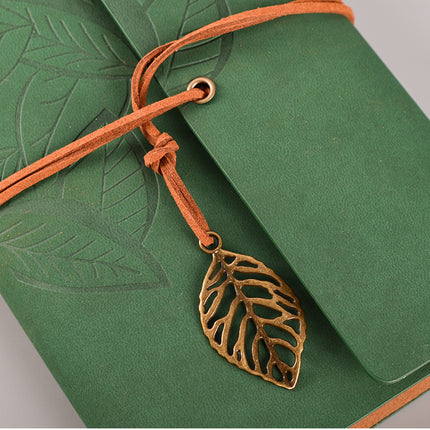 2PCS Green Vintage A5 PU Leather Journal with Leaf Charm - Ring Bound Refillable Notebook Set
