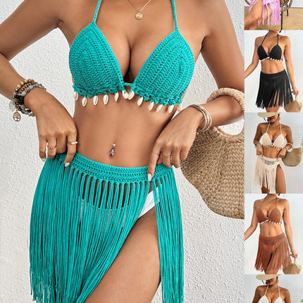 Green Women's Hand-Crocheted Two-Piece Bikini Set with Shell Accents and Tassel Skirt