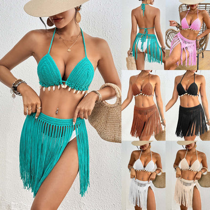 Beige Women's Hand-Crocheted Two-Piece Bikini Set with Shell Accents and Tassel Skirt