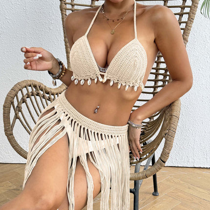 Beige Women's Hand-Crocheted Two-Piece Bikini Set with Shell Accents and Tassel Skirt