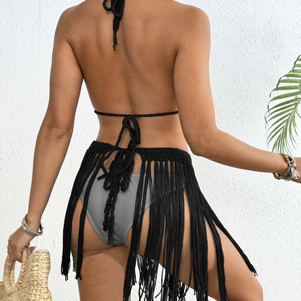 Black Women's Hand-Crocheted Two-Piece Bikini Set with Shell Accents and Tassel Skirt
