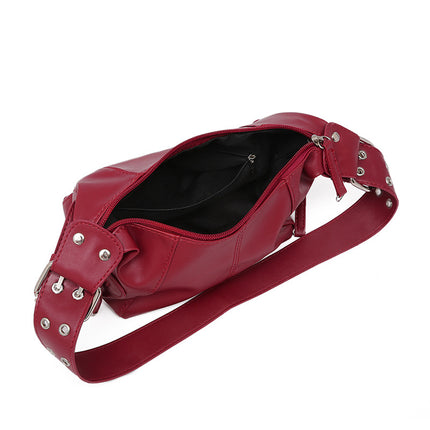 Red PU Leather Zippered Shoulder Bag – Retro European Style Crossbody and Handheld Bag
