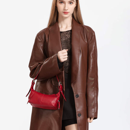 Red PU Leather Zippered Shoulder Bag – Retro European Style Crossbody and Handheld Bag