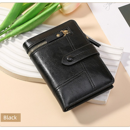 Black Soft PU Leather Women's Wallet – Compact Foldable Wallet with Multiple Card Slots and Zippered Compartment