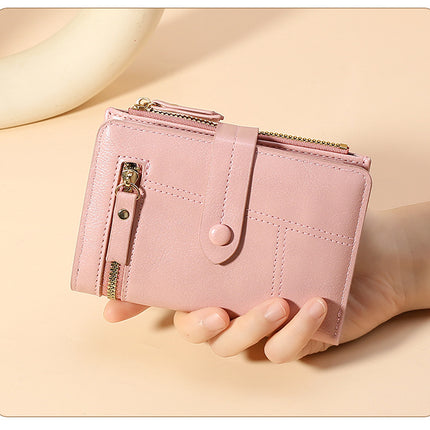 Pink Soft PU Leather Women's Wallet – Compact Foldable Wallet with Multiple Card Slots and Zippered Compartment
