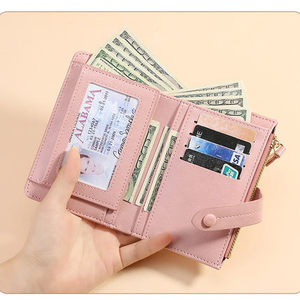Pink Soft PU Leather Women's Wallet – Compact Foldable Wallet with Multiple Card Slots and Zippered Compartment