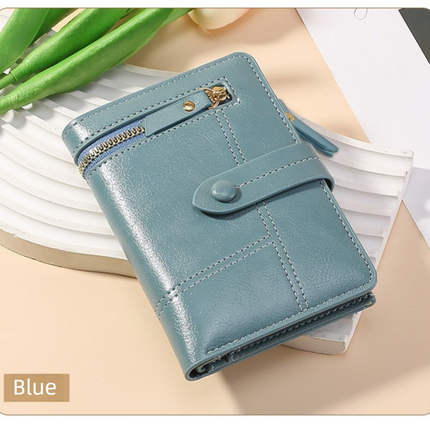 Blue Soft PU Leather Women's Wallet – Compact Foldable Wallet with Multiple Card Slots and Zippered Compartment