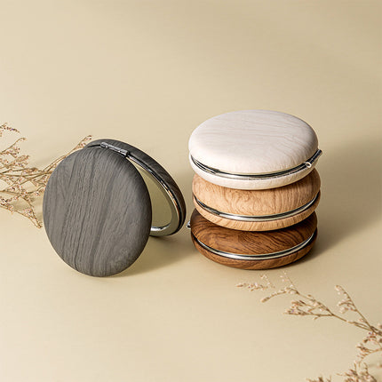 2 Pcs Grey Portable Wooden-Style Makeup Mirror - Dual-Sided High-Definition Compact Mirror