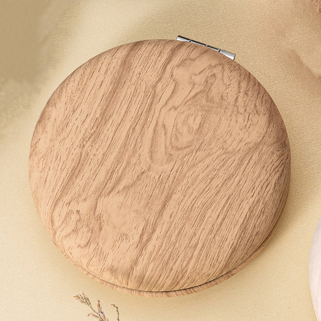 2 Pcs Khaki Portable Wooden-Style Makeup Mirror