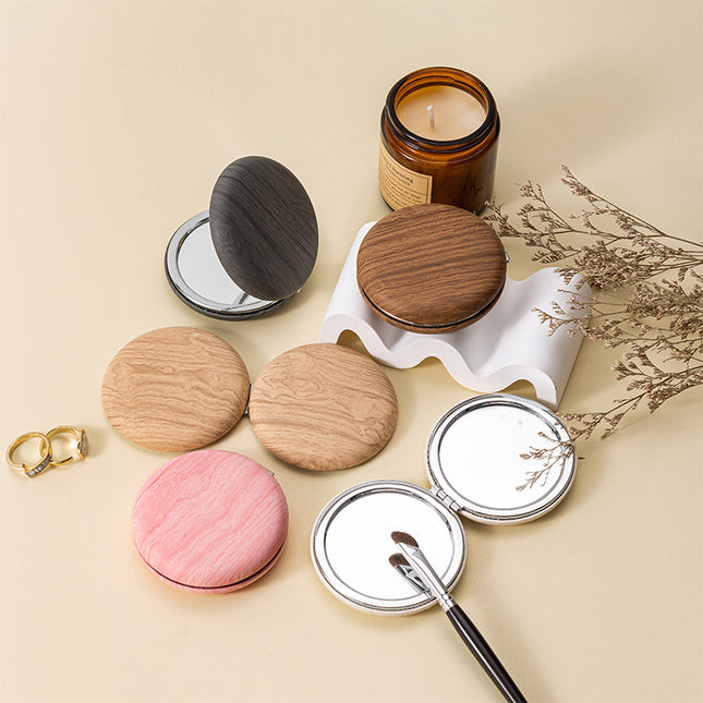 2 Pcs Khaki Portable Wooden-Style Makeup Mirror – product detail
