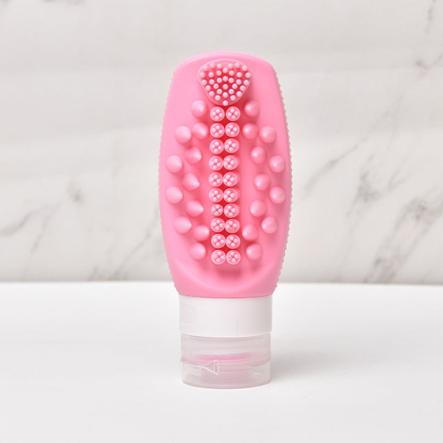 Pink Travel Silicone Refillable Bottle Set Multi-Functional Soft-Squeeze Dispenser with Built-in Brush