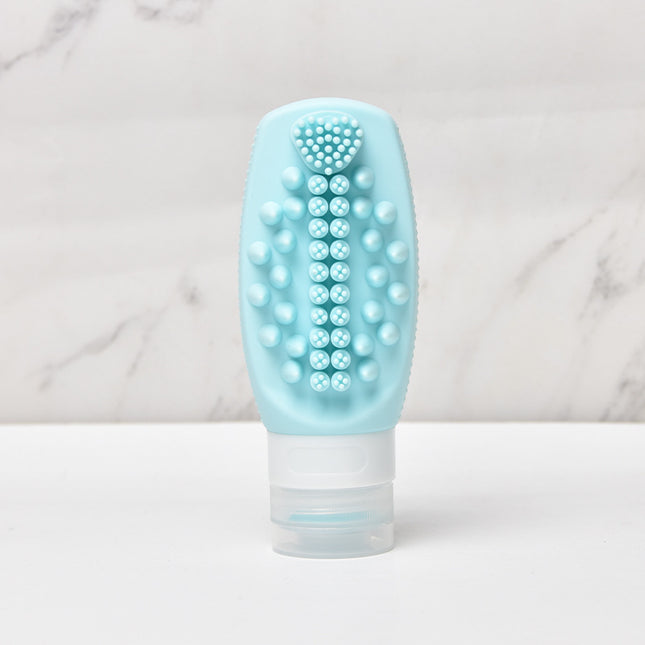 Blue Travel Silicone Refillable Bottle Set Multi-Functional Soft-Squeeze Dispenser with Built-in Brush