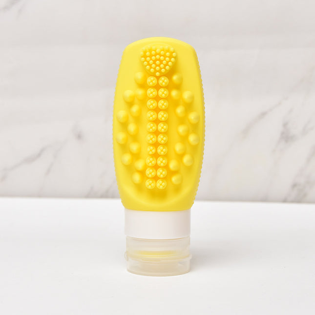 Yellow Travel Silicone Refillable Bottle Set Multi-Functional Soft-Squeeze Dispenser with Built-in Brush