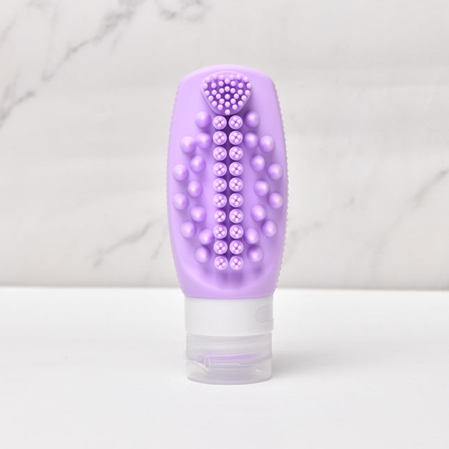 Purple Travel Silicone Refillable Bottle Set Multi-Functional Soft-Squeeze Dispenser with Built-in Brush