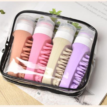 Combination A Travel silicone refillable water bottle set – multi-functional soft-press dispenser with brush and storage bag (4-pack)